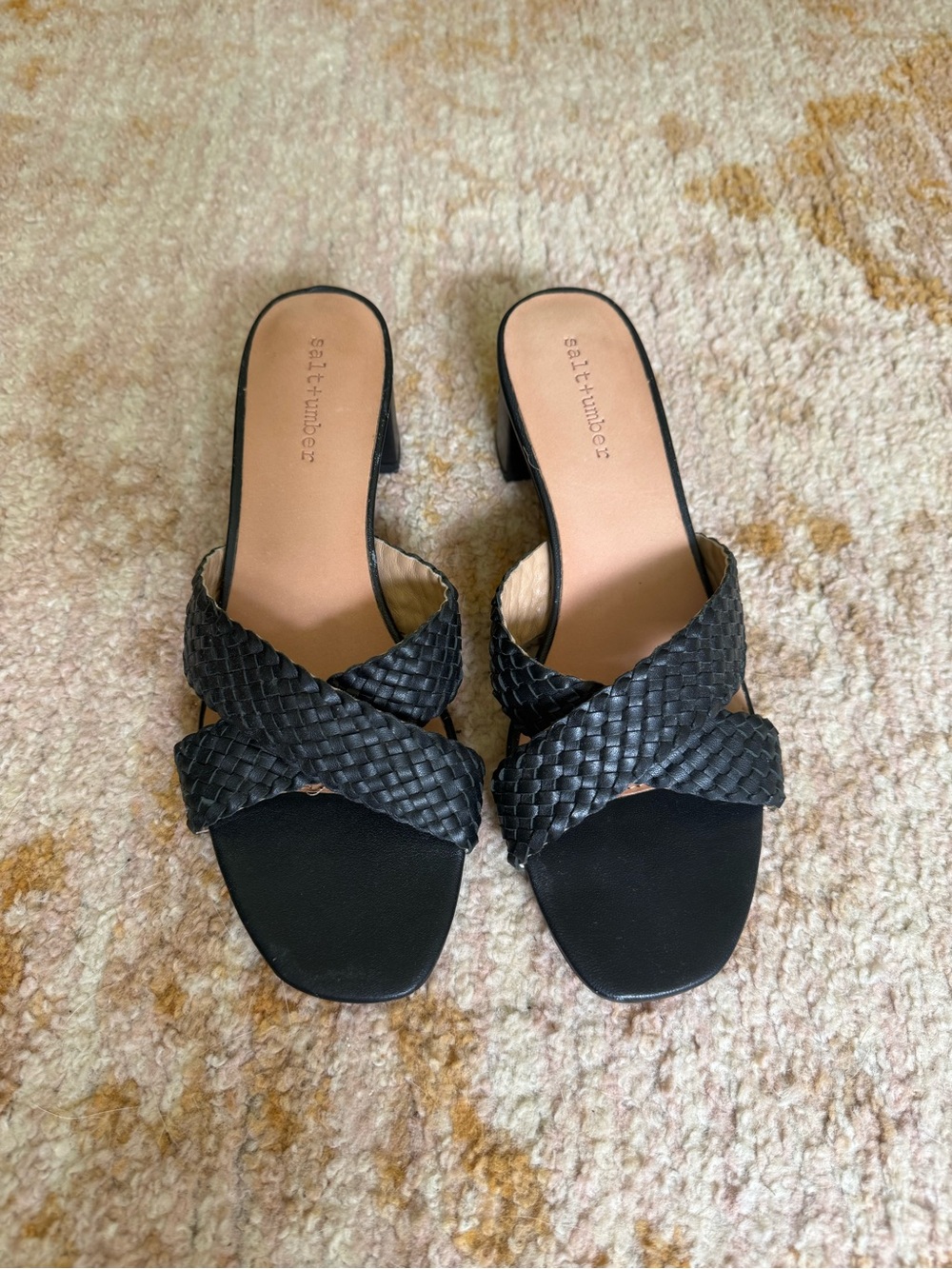 Salt+Umber Black Braided Block Heel Slides